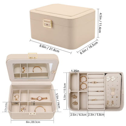 Upgraded Jewelry Box, 2 Layers PU Leather Jewelry Organizer for Women with Lock and Mirror, Hidden Necklace Hook and Removable Divider Large Capacity Travel Jewelry Box Ideal for Gift-With Gift Box
