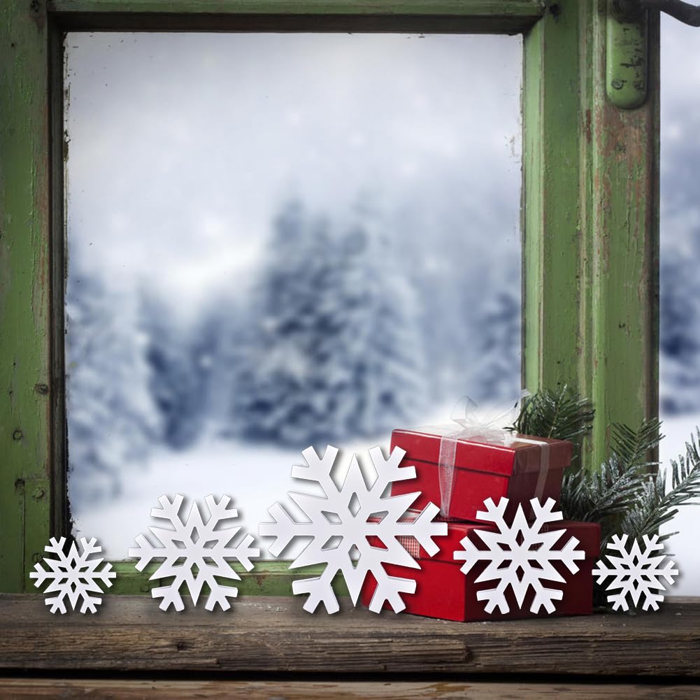 GHOSTMAGIC 5Pcs Christmas Snowflake Wooden Tabletop Decor, White Snowflake Wood Sign Blocks Winter Decoration in 3 Sizes, Farmhouse Tiered Tray Decor Centerpiece for Xmas Party Home Mantel (White)