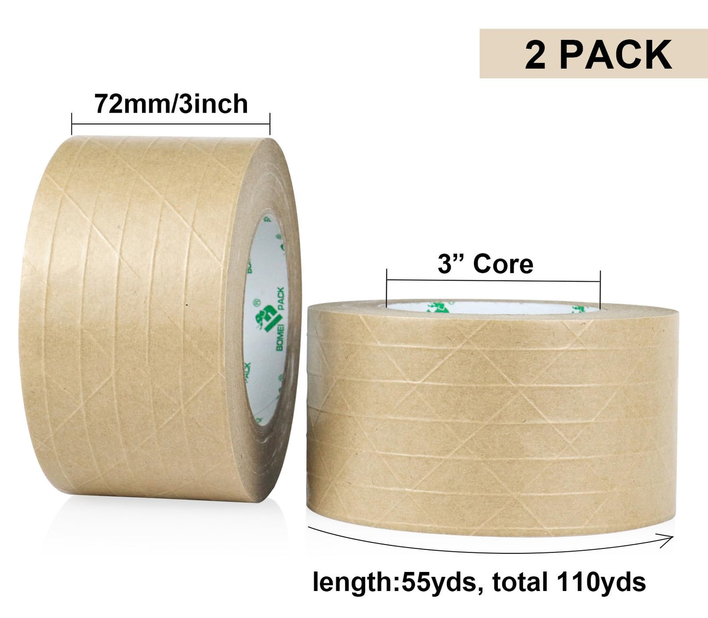 BOMEI PACK Wide Brown Reinforced Kraft Paper Packing Tape 3inch, 2Rolls Self Adhesive Paper Gummed Packing Tape, for Heavy Duty Packaging, Shipping, Moving and Storage, 3InchX55yds