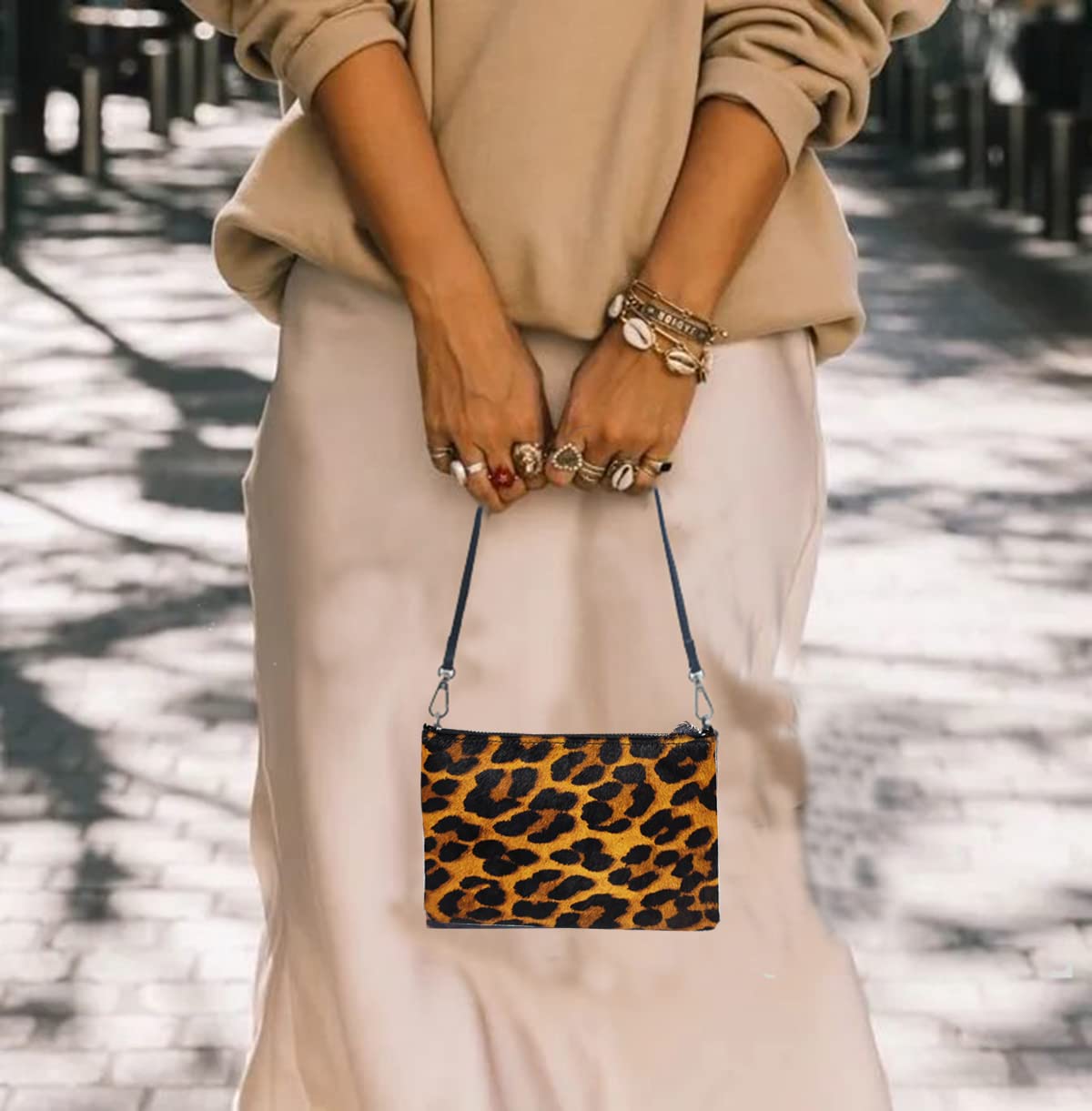 Leopard Print Purse [ Calf Hair on Hide Leather] Fur Clutch [Luxury Exclusive] Wild Animal Pattern Vintage [Small] Evening Bag Winter Envelope Chain Underarm