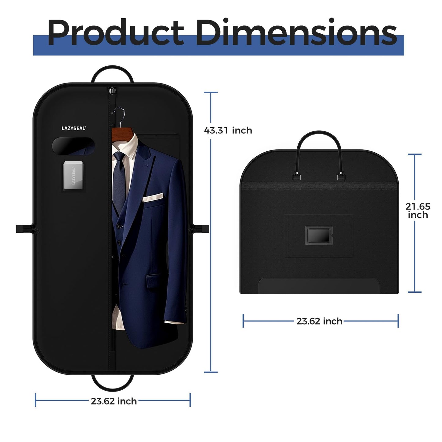 LAZYSEAL Garment Bag for Closet Storage and Travel 43-Inch Waterproof Dustproof Suit Luggage Bag Unisex Clothes Bag Durable 600D Oxford Fabric 2-in-1 Hanging Suit case Coat Bag for Man, Woman