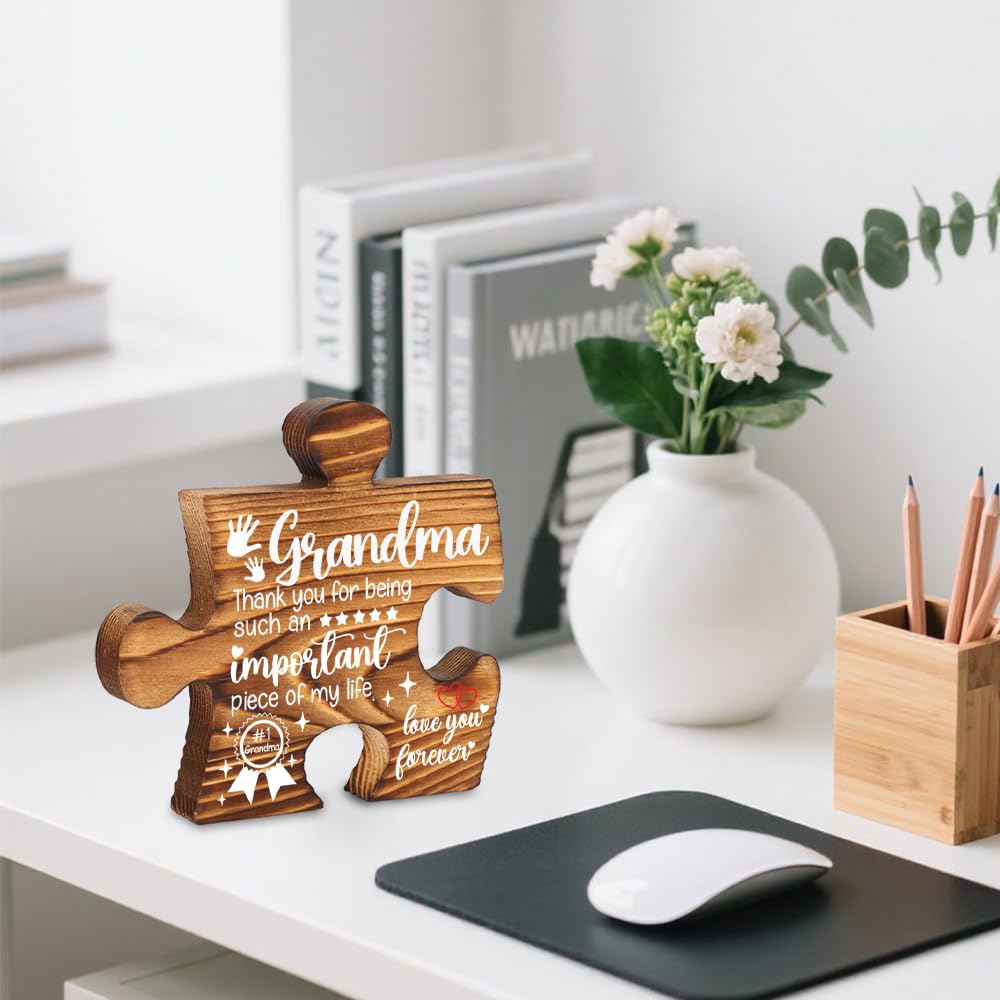 Grandma Puzzle Piece Gift Appreciation Plaque Family Love Sign Wooden Desk Decor for Grandmother Birthday Mothers Day Gift from Grandkids Decorative Signs & Plaques-LMP40