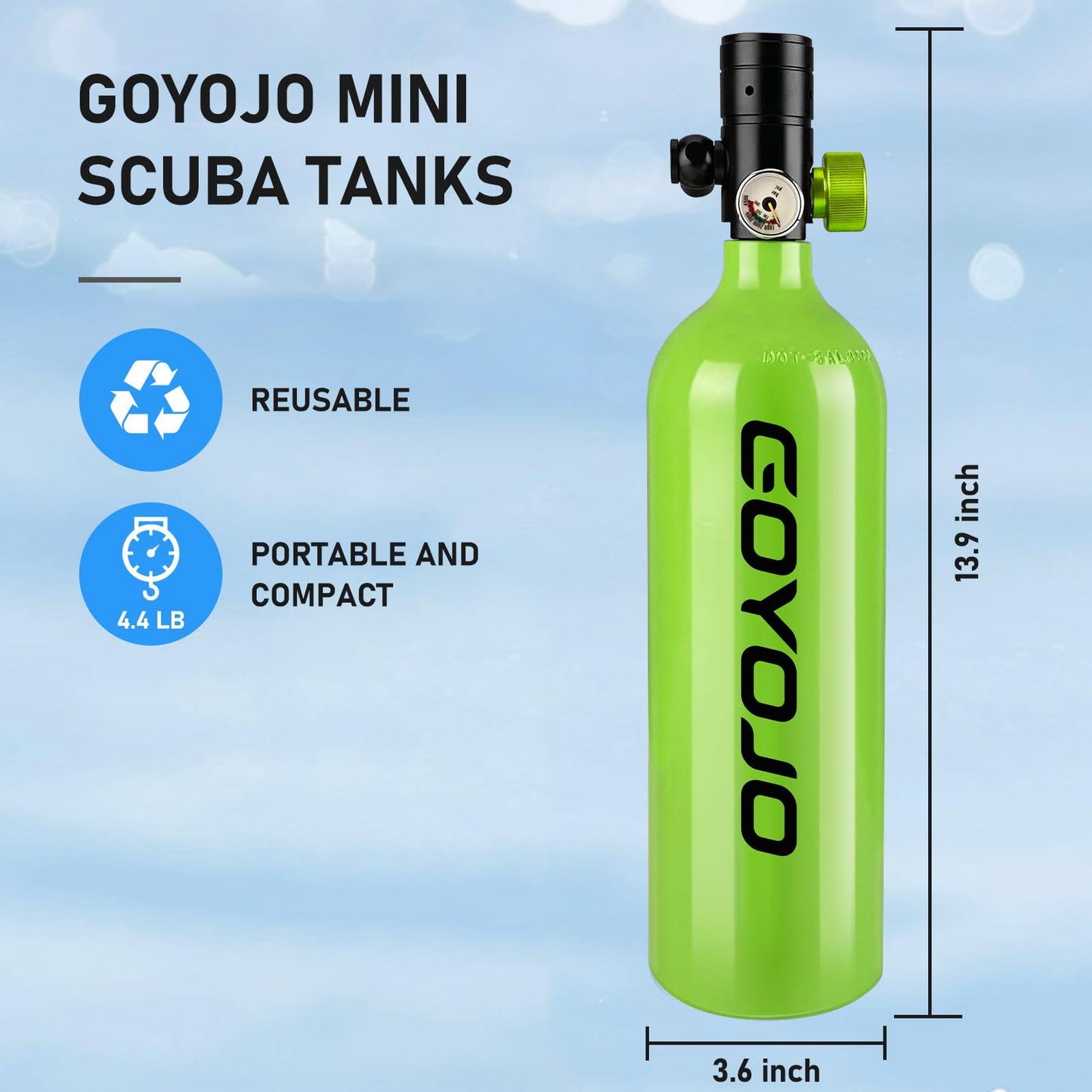 GOYOJO 1L Mini Scuba Tank with Mask – DOT Certified Portable Diving Air Tank, 3000 PSI Max Pressure, Pony Bottle Underwater Breathing Device for Snorkeling & Scuba Diving (Green)