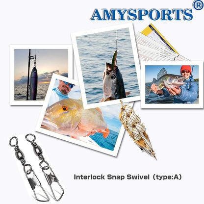 AMYSPORTS Stainless Steel Snap Swivel Saltwater High Strength Snaps Fishing Barrel Line Connector Fishing Swivels Barrel Safety Snap Fishing Tackle Stainless Steel Accessories 50pcs 19lbs