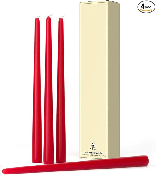 12-Inch Tall Dripless Taper Candles Set of 4 - Red Tapered Candles, Perfect for Christmas - Smokeless, Unscented, Long Burning - Hand Poured, Colored Tall Candlesticks - Bright Red