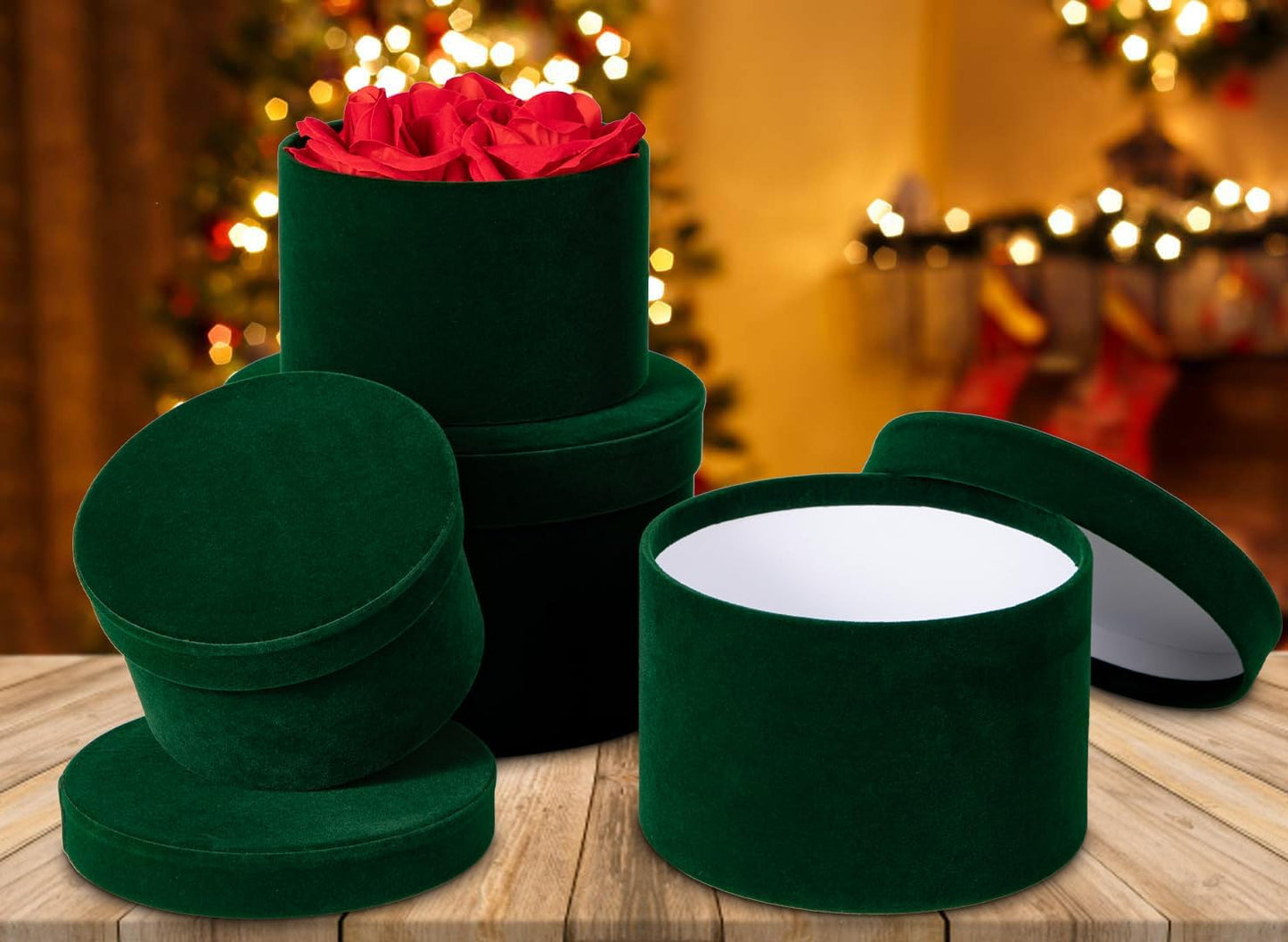 GnFlus Round Gift Boxes with Lids for Presents Set of 4 Green Velvet Nesting Gifts Box for Arrangements Flowers Wedding Birthday Valentines Bridesmaid Christmas Party Anniversary