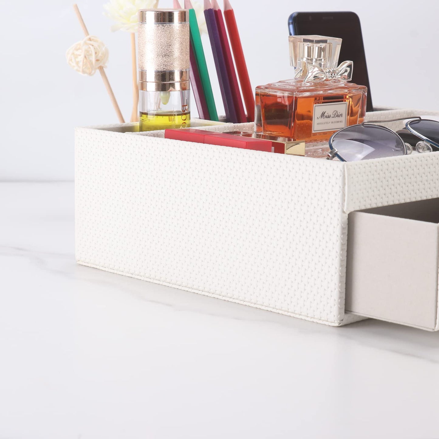 SYRWDXTX Leather Desk Organizer With Drawers, Home Cosmetics & Phone Remote Organizer, Drawer Plus Divider & Tray (white)