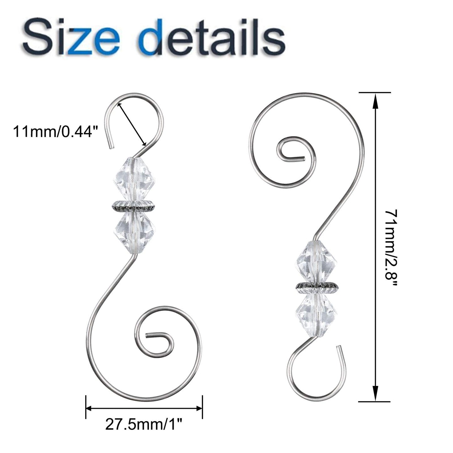 INCREWAY Ornament Hooks, 30 PCS Silver S-Shaped Hangers Hook Swirl Christmas Tree Hanger Metal Hooks with Crystal Beaded