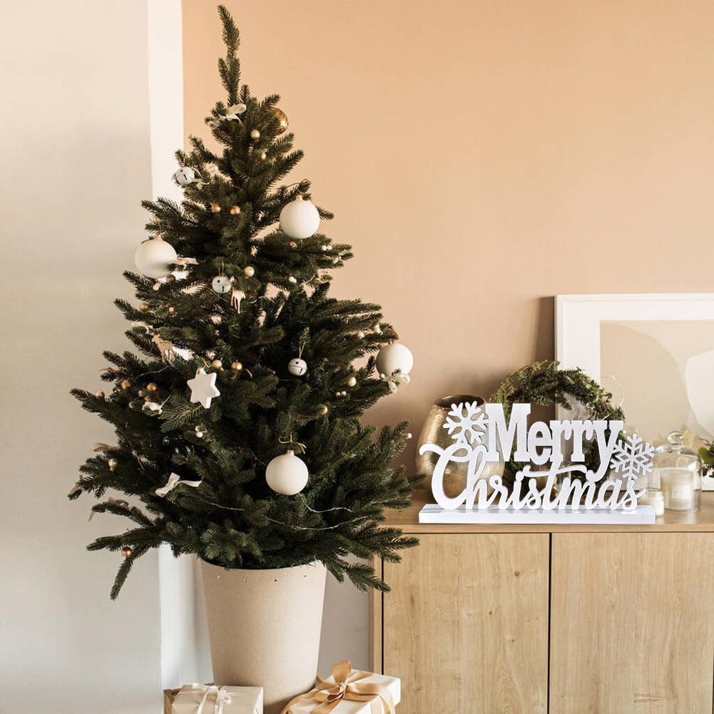 Wooden Merry Christmas Tabletop Decor, Elegant Wood Cutout with Glitter, Wooden Xmas Table Sign, Christmas Centerpiece for Xmas Party Decor for Table Tiered Tray Mantel (White)