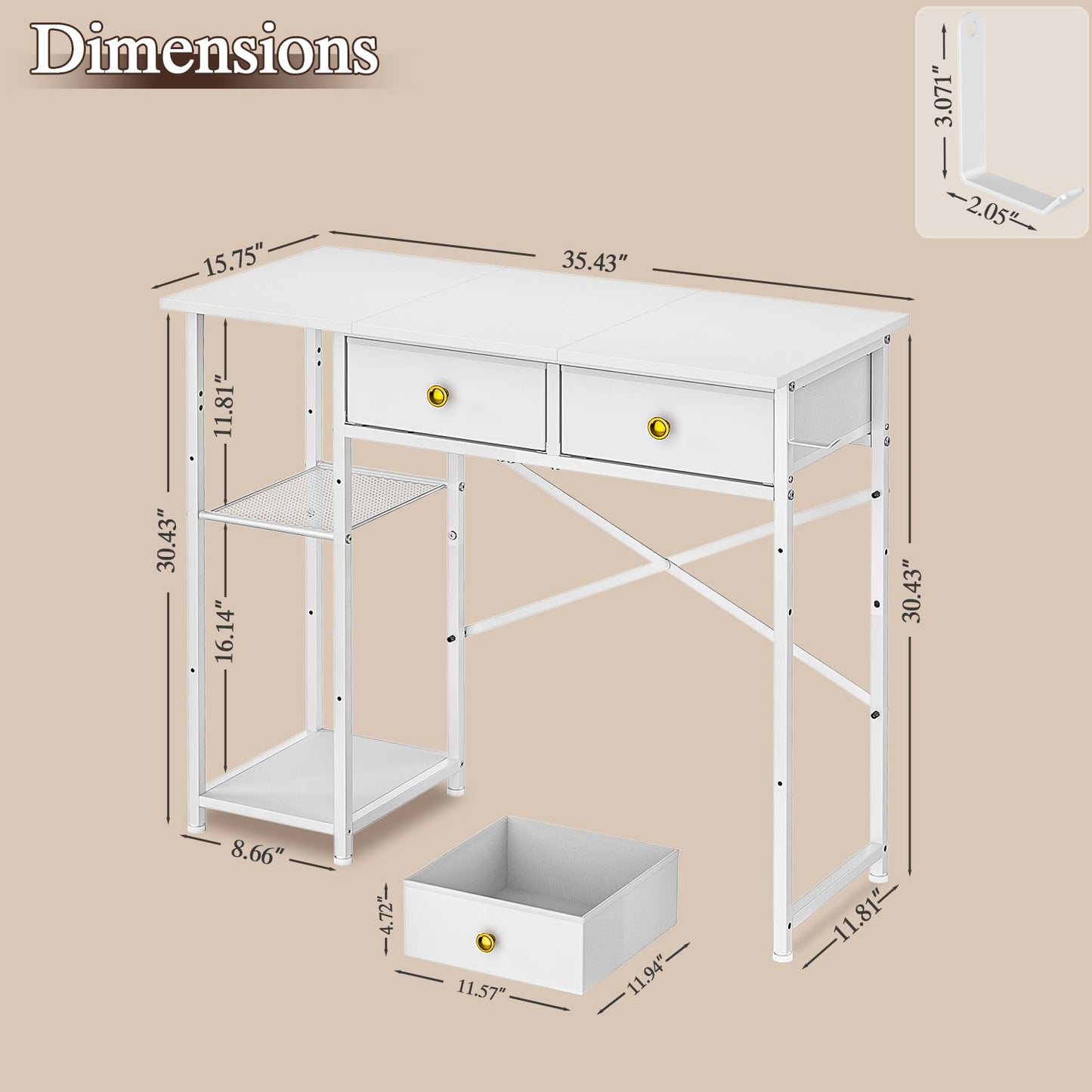 DAOUTIME White Computer Desk, 36 Inch Small Desk with Drawers, Home Office Desk with Storage Shelves for Bedroom, Living Room, Dorm, Vanity Desk for Small Spaces, White