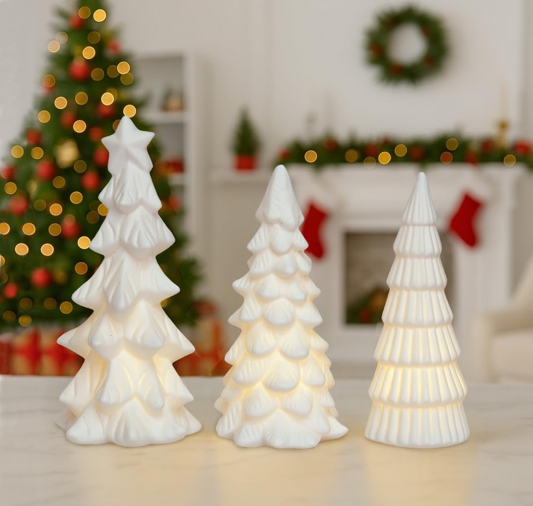 Dlfghos Lighted Ceramic Christmas Tree Decor 3Pcs Small White Christmas Trees with Lights Xmas Tree Figurines for Tabletop Mantel Shelf Fireplace Holiday Decorations for Home and Gift