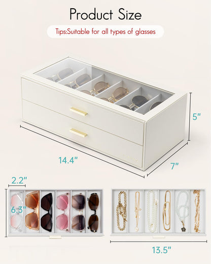VLANDO 12-Grid Sunglasses Organizer Case, Large Capacity Eyeglass Storage Box with Clear Top Lid & 2 Drawers, PU Leather Sunglass Holder for Women Men, Ideal Gift for Eyewear Lovers - Beige