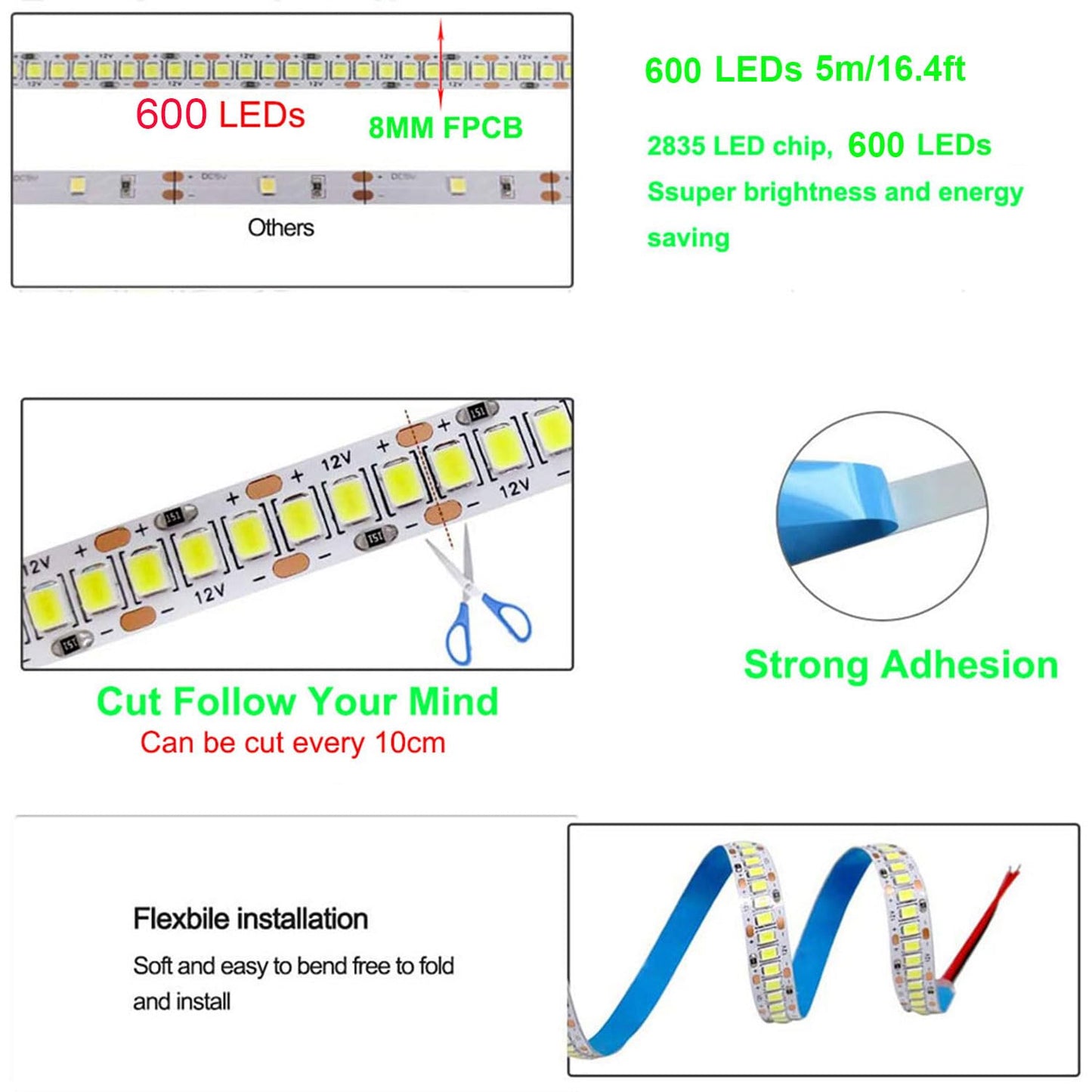 SUYOOULIN LED Strip Lights, 16.4ft/5m SMD 2835 600 LEDs Light Strips, 15000LM Flexible AC 110V Waterproof IP68 LED Ribbon for DIY Christmas Home Indoor Outdoor Decor(Daylight White 6500K)