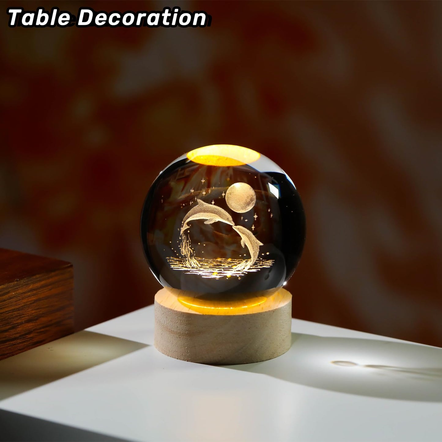 Arikyrist 3D Dolphin Crystal Ball Night Light, Glass Dolphin Lamp with Wooden Base, Laser Engraved Glass Sphere Home Decor