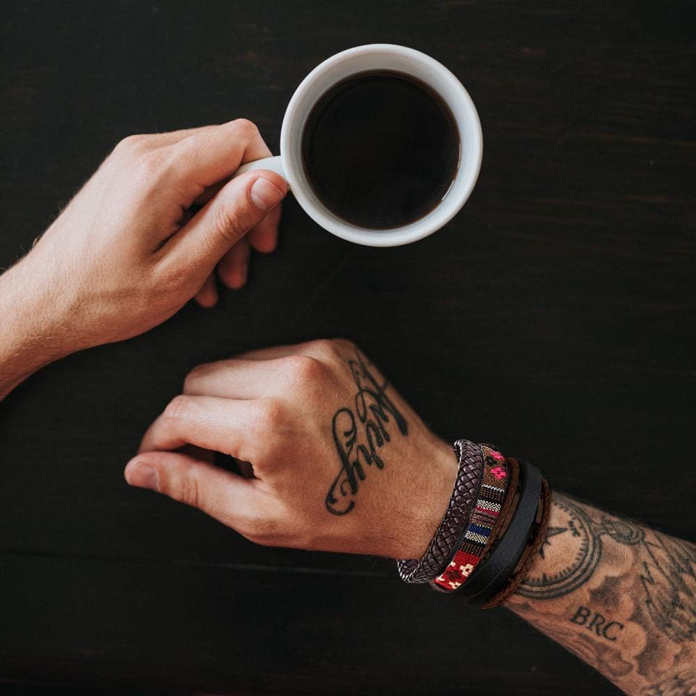 FIBO STEEL Braided Leather Bracelets for Men Women - Wooden Beads Cool Wrap Cuff Bracelets Mens Hemp Tribal Wristbands Punk Vintage Bracelet Set 31 Pcs