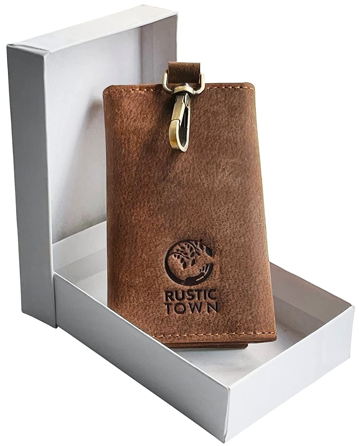 RUSTIC TOWN Leather Key Holder - Smart Fob Car Key Loop - Leather Key Pouch Wallet Slim Keychain with 6 Key Holder - Stylish and Practical Key Organizer for Men and Women