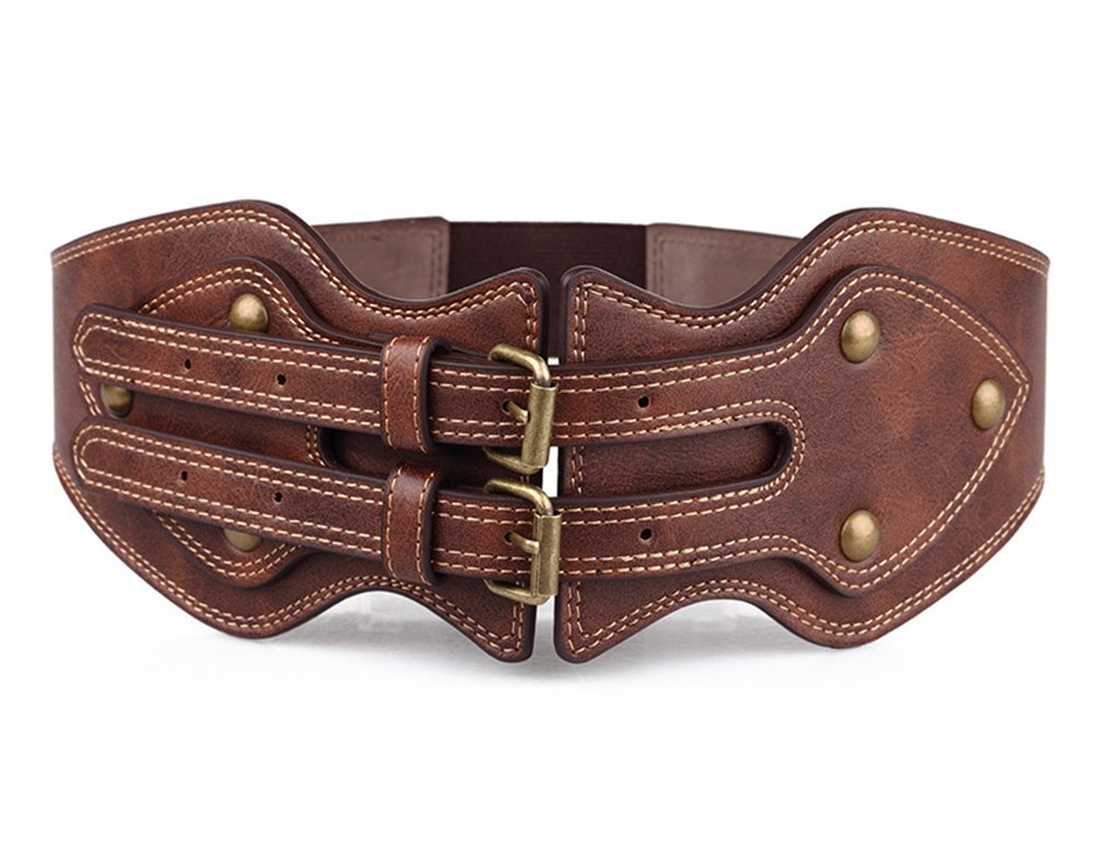 ICSTH Womens Obi Belt Vintage PU Leather Elastic Wide Waist Belt Fashion Retro Wide Belts (BROWN, 92CM)