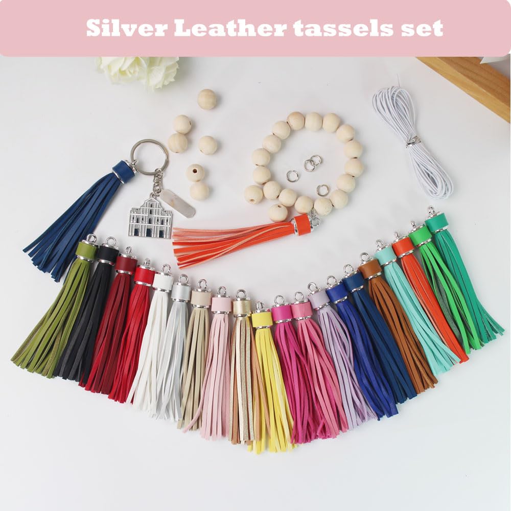 Assorted Leather Keychain Tassels for Jewelry Making 20pcs 4.3 inch Silver Faux Leather Tassels for Bead Keychain Wristlet DIY Bag Charms Cellphone Straps Key Ring Bracelet Supplies & Accessories
