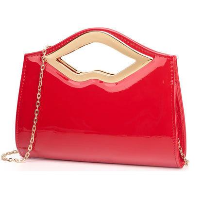 DETARA Patent Leather Evening Clutch Purse for Women Lip Metal Grip Handle Handbag for Cocktail Party Prom (Red 1386)