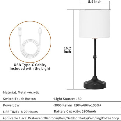Rechargeable Cordless LED Table Lamp Fabric Shade Desk Lamp, 3-Level Dimmable Touch Control, 5200mAh, Patio Table Lamp, Bedside Night Lamp, Ambient Light for Restaurant.(Black)