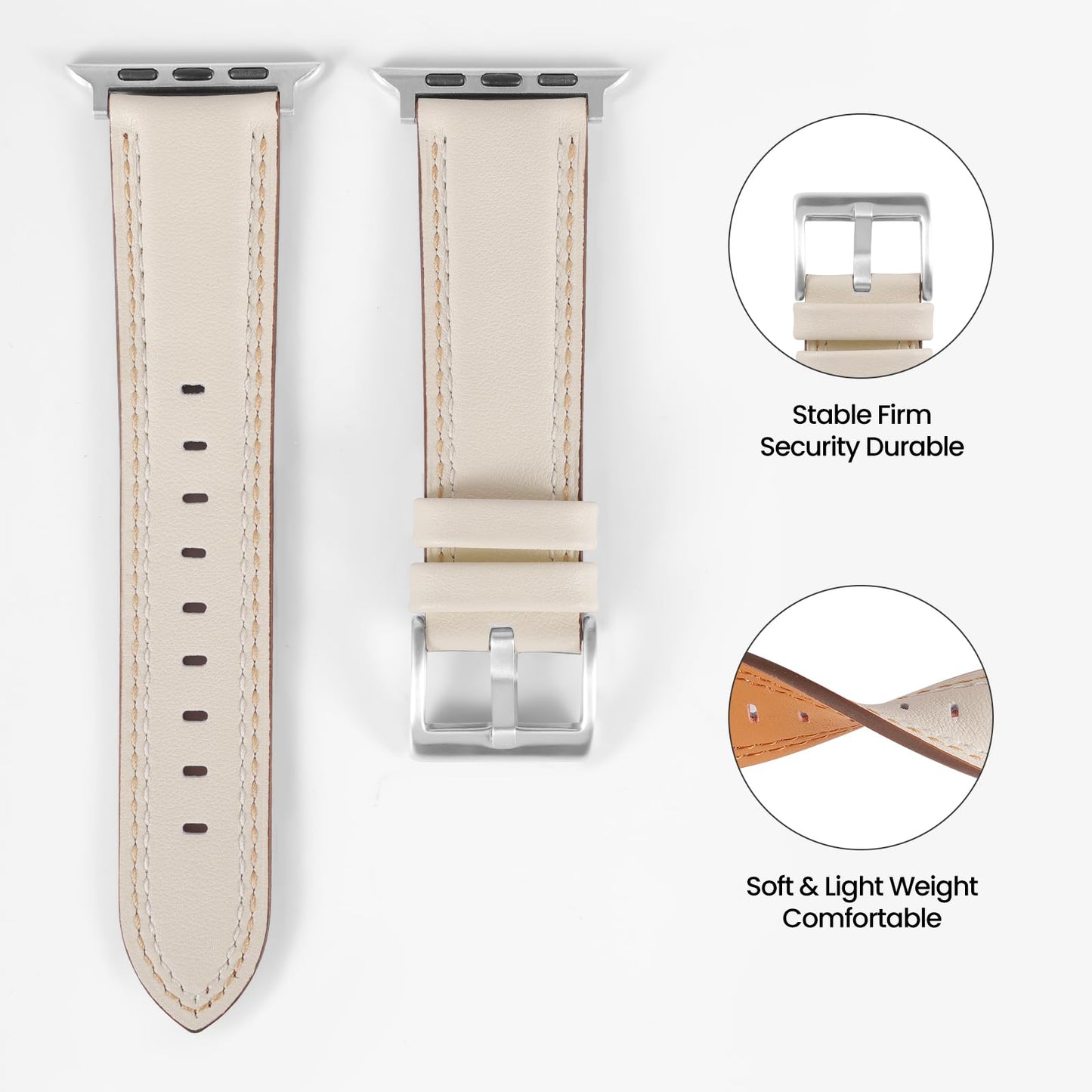 Soft Genuine Leather Band for Apple Watch 49mm 46mm 45mm 44mm 42mm - Women/Men Vintage Retro Replacement Wristband Strap with Metal Buckle for iWatch Ultra 3/2/SE/Series 11/10/9/8/7/6/5/4/3 White