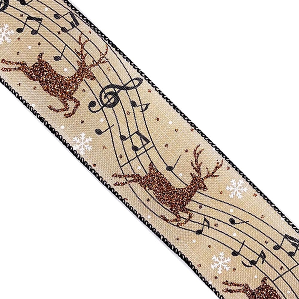 Designer's Shop Christmas Musical Glitter Reindeer Burlap Ribbon