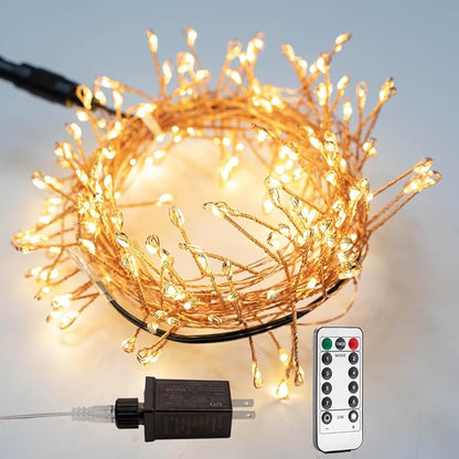 Plug in Firecracker Lights 50FT 500 LED Warm White Copper Wire Indoor Cluster Fairy Lights with Remote Timer for Bedroom, Living Room, Tree, Garden, Porch, Patio, Backyard, Christmas Tree