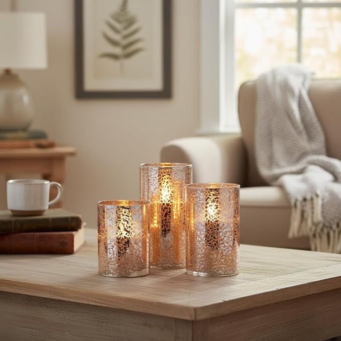 Flameless Silver Mercury Glass LED Pillar Candles with Remote and Timer, Batteries Included, Flickering Warm White Light, Set of 3 for Home Décor, Weddings, Parties, and Romantic Ambiance, Holiday
