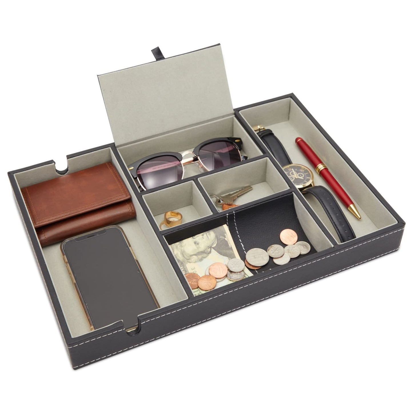Juvale Nightstand Organizer Tray - 14 x 10 x 1.5 in, Black Faux Leather - Valet Tray for Men with 6 Compartments for Watch, Jewelry & Keys