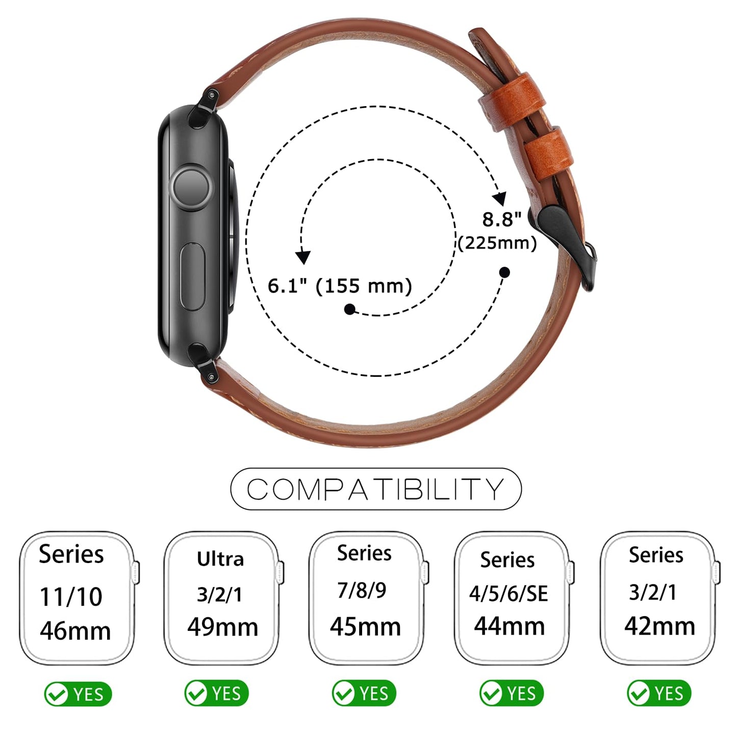 Tasikar Bands Compatible with Apple Watch Band 49mm 46mm 45mm 44mm 42mm Genuine Leather Replacement Straps Compatible with Apple Watch Ultra 3 2 1 SE Series 11 10 9 8 7 6 5 4 3, Classic Brown