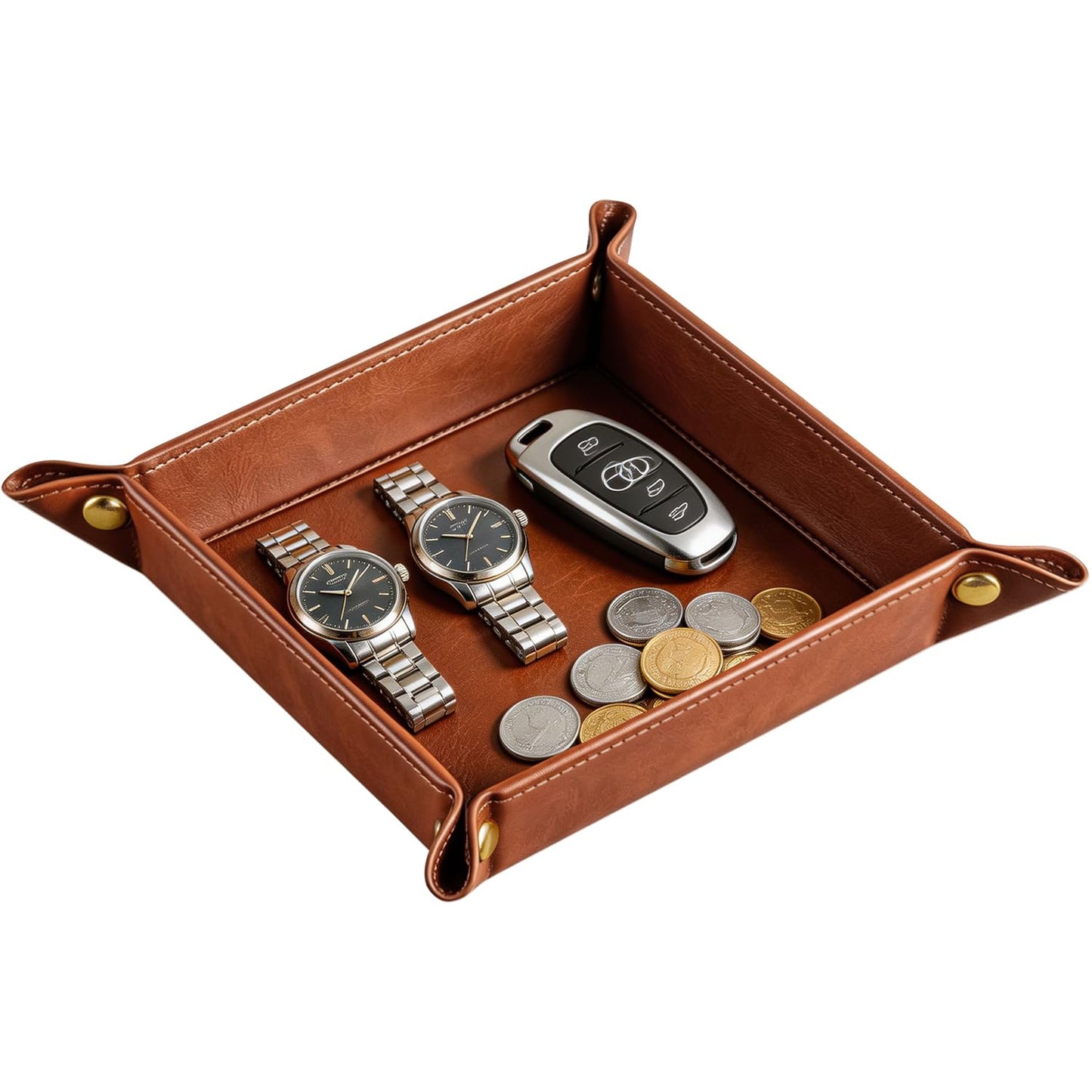 YAPISHI Light Luxury Valet Tray for Men, PU Leather Vanity Jewelry Tray & Decorative Perfume Catchall, Folding Travel EDC Dump Tray, Nightstand Organizer Caddy for Keys, Watches, Coin Bowl Dish