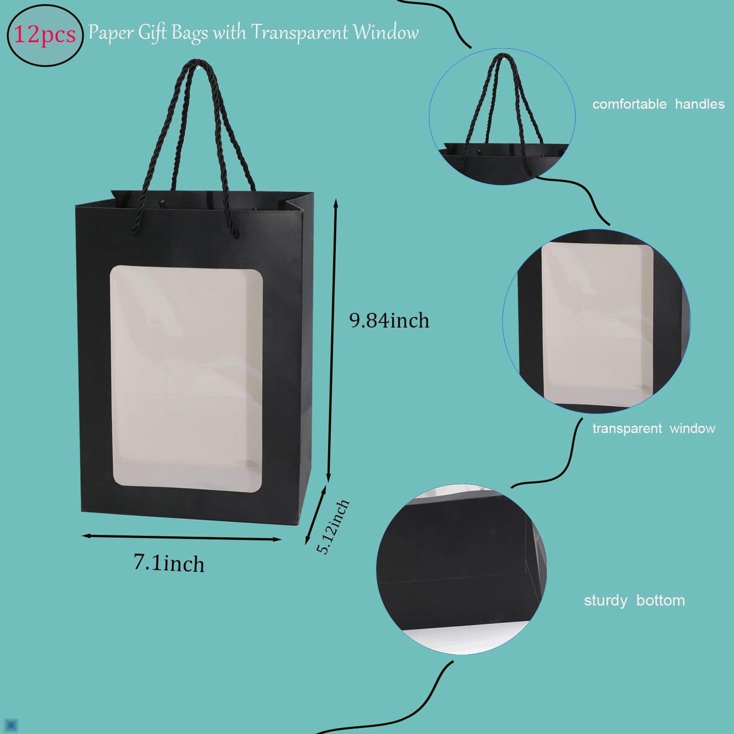 FUGOCOOG 12 Pcs Gift Kraft Paper Bags with Transparent Clear Window 9.8"x7"x5" Party Favor Bags with Handles for Shopping Business Christmas Birthdays Festivals Party Weddings Baby Shower (Black)
