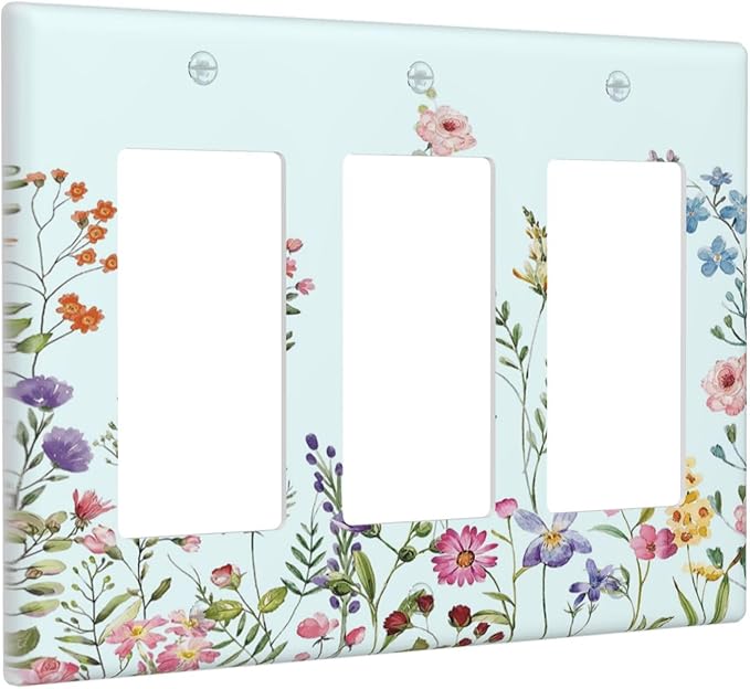 Rustic Wild Floral Vintage Blue Watercolor Flower 3 Gang Rocker Light Switch Covers Decorative Unique Triple Outlet Wall Plate Cover Faceplate Decorative Switchplate GFCI for Bedroom