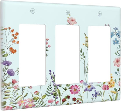 Rustic Wild Floral Vintage Blue Watercolor Flower 3 Gang Rocker Light Switch Covers Decorative Unique Triple Outlet Wall Plate Cover Faceplate Decorative Switchplate GFCI for Bedroom