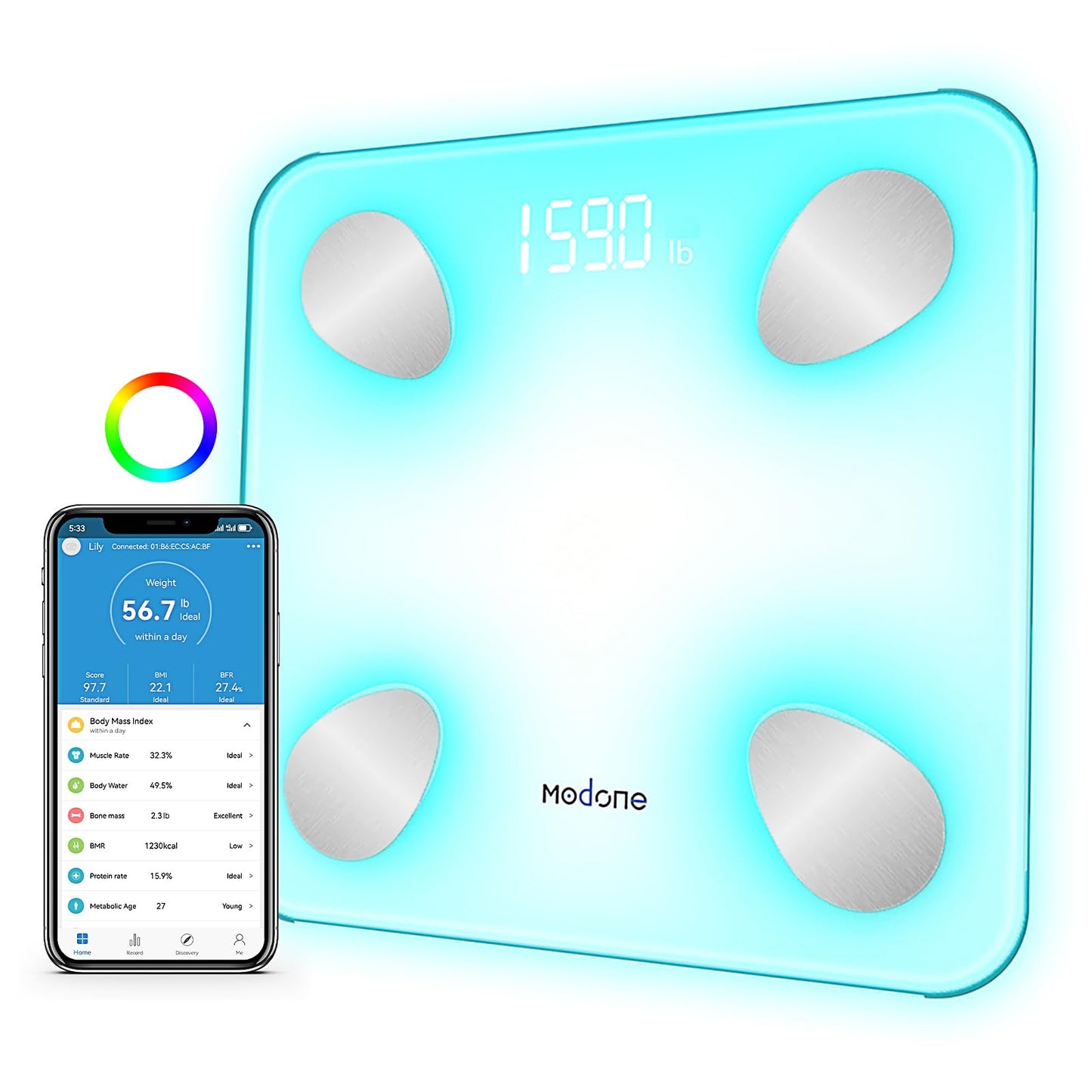 Scale for Body Weight, Digital Weight Scale with Color-Changing, Most Accurate to 0.2lb, Bluetooth Bathroom Scale with Bmi, Body Fat, Muscle Mass, 18 Body Composition Analyzer Sync App, 400 lbs-White