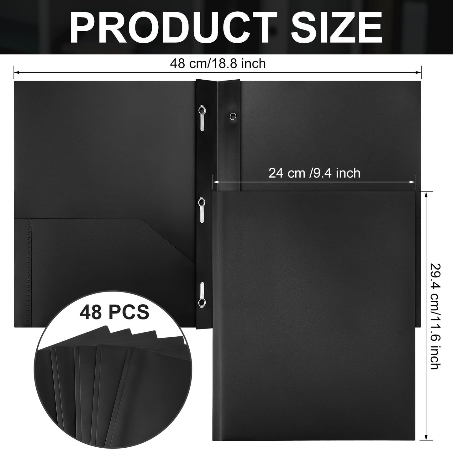 Patelai 48 Pcs Plastic Folders with 2 Pockets and 3 Prongs Home Folders with Card Slot Letter Size Heavy Duty Report Covers for Back to School(Black,Classic)