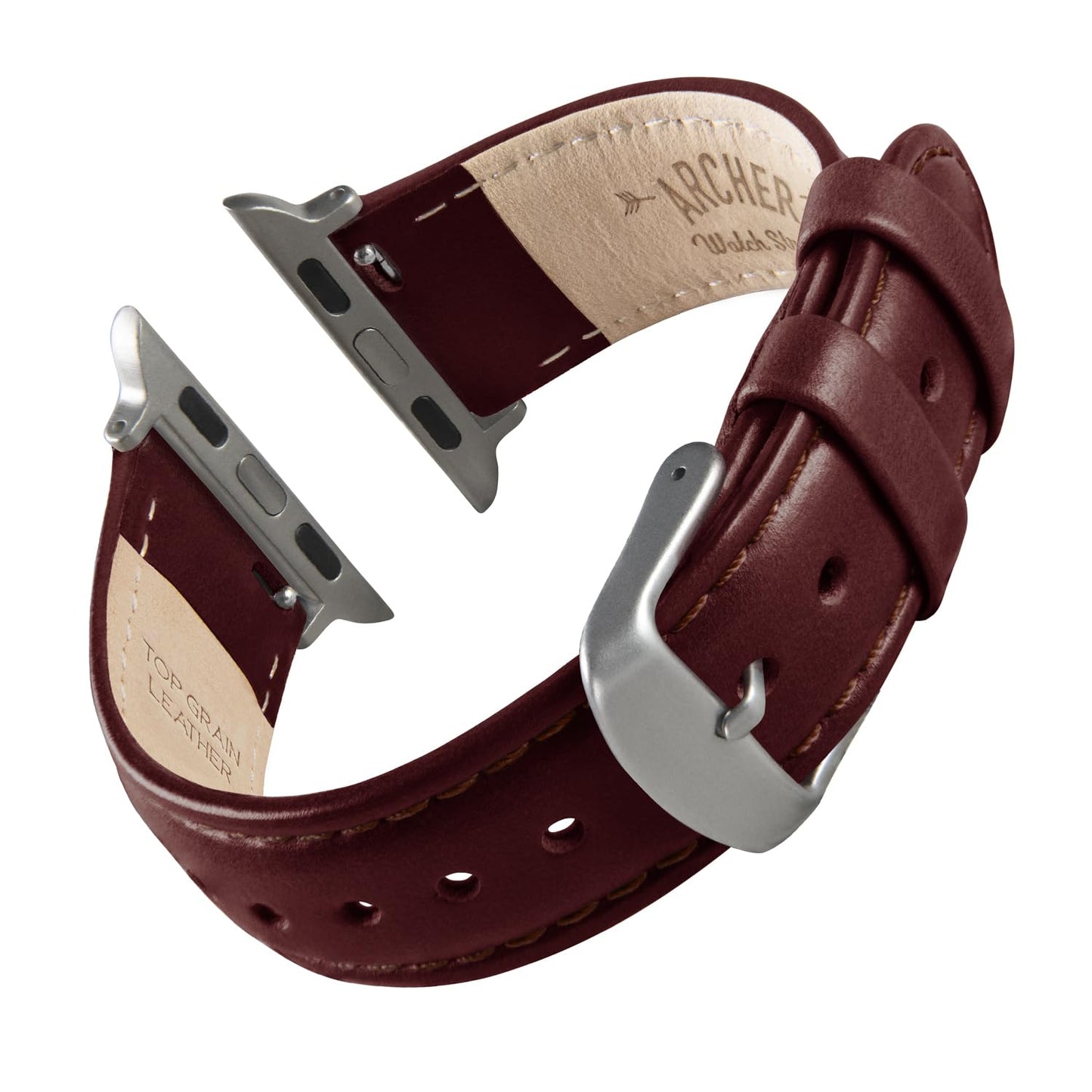 Archer Watch Straps - Top Grain Leather Straps for Apple Watch (Mahogany/Matched Thread, Matte Silver Hardware, 44/45/46/49mm)