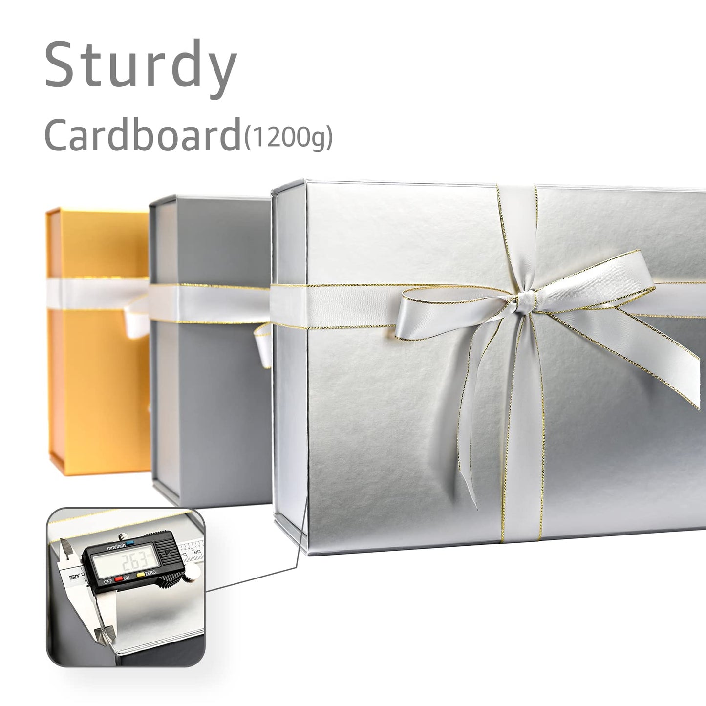 LIFELUM Gift Boxes with Lids, 1 Pack 13.8 x 8.3 x 4.4 inch Silver Gift Boxes with Ribbon, Card, Shredded Paper Filler for Presents, Graduation, Christmas, Birthdays