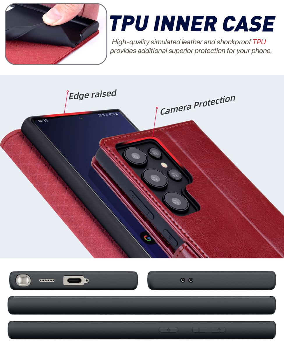 OCASE Compatible with Galaxy S24 Ultra 5G Wallet Case, PU Leather Flip Folio Case with Card Holders RFID Blocking Kickstand [Shockproof TPU Inner Shell] Phone Cover 6.8 Inch (2024), Red