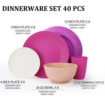 Wheat Straw Dinnerware Set 40-Piece Service for 8 Unbreakable Dishes Set Plates and Bowls Sets Drinking Glasses Microwave Safe Dish Set Lightweight Dinnerware Set for Home & Kitchen - Yellow
