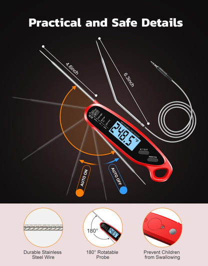 Vuwwey Instant Read Meat Thermometer Digital for Cooking with Dual Probe, Big Backlit & Calibration, Food Thermometer for Oven, Candy, Smoker, Grill, BBQ & Oil Fry, Gifts for Men, Kitchen Essentials