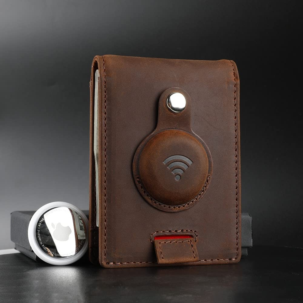 Genuine Leather AirTag & Moto Tag Wallet – Minimalist RFID Blocking, Slim Bifold Credit Card Holder with Money Clip, Gift Box (Brown)