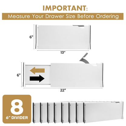 RAPTUROUS Adjustable Deep Drawer Divider – 5" Tall, Expandable 13-22", 10-Pack, Non-Slip Drawer Dividers for Clothes, Dresser, Kitchen & Office Organization (White)