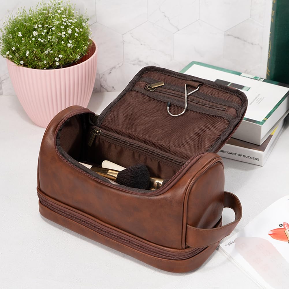 RC ROCKCOW Toiletry Bag for Men Leather Travel Organizer Shaving Dopp Kit with hanging hook, Large Water-resistant Toiletries Bathroom Shaving Bags for Women