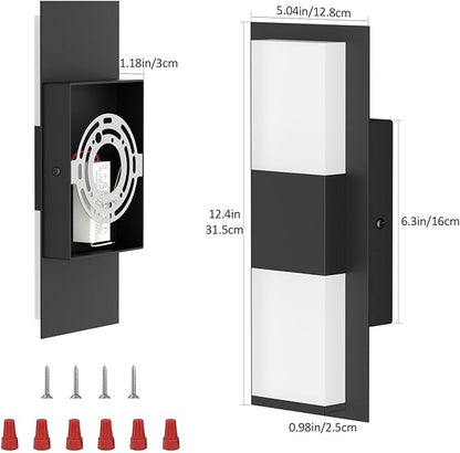 12inches Modern Outdoor Led Wall Light,30W 3000K Porch & Patio Hardwired Sconces with White Clear Acrylic Lampshade,IP65 Waterproof Aluminum Wall Lamp for Garage House Exterior(Black,2Pack)