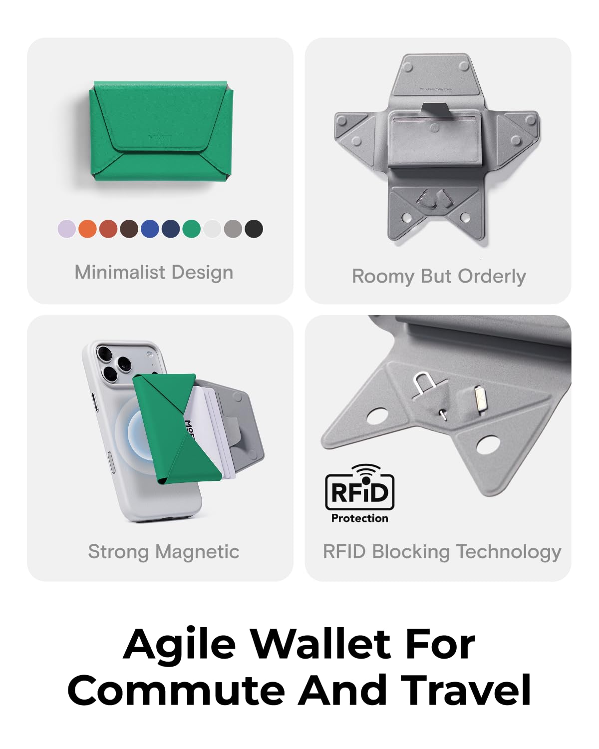 MOFT Magnetic Women Wallet, Snap Field Wallet Premium MOVAS Leather Slim Card Holder, 3-Layer Organized Minimalist Wallet for Commute and Travel, Oz Green