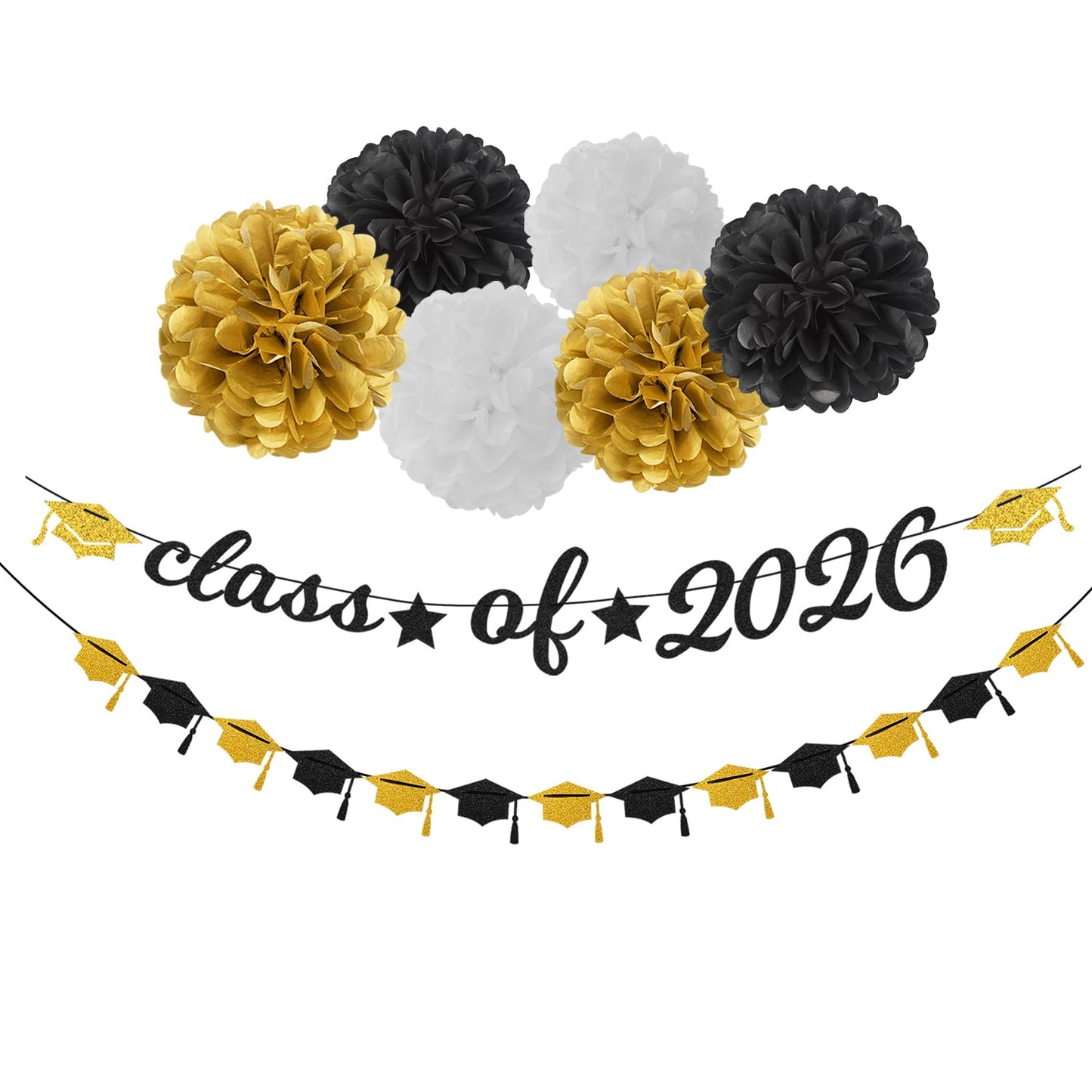 Black-White Gold Party-Decorations Graduation Banner - 8pcs Kits Class of 2026 Cap Garland Streamers, Paper Tissue Pom Poms Flowers, Congratulations Grad Decor Lasting Surprise