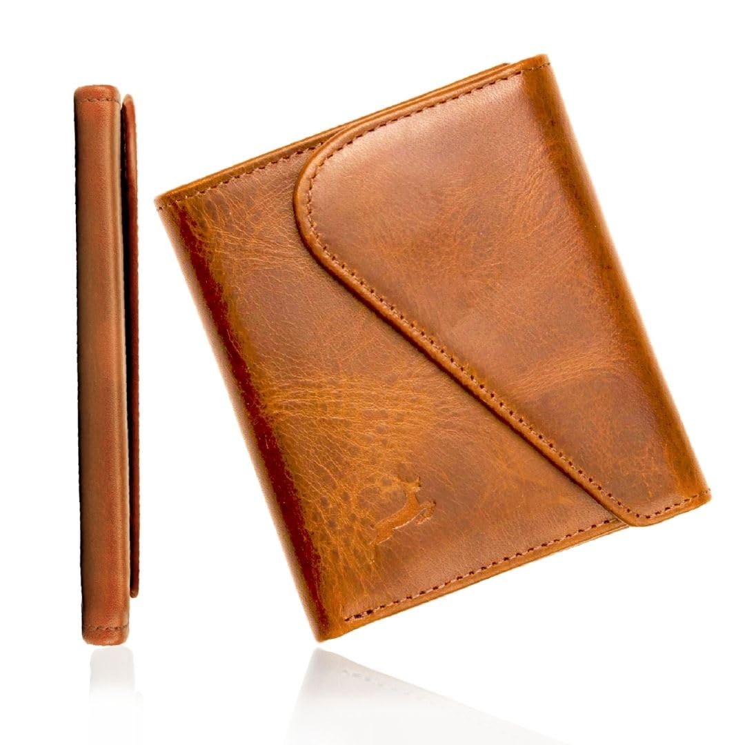 DEERHANDMADE Slim Wallets for men | handmade Modern Minimalist front Pocket wallets | 6-12 Cards Geniune leather rfid wallet for men | Gift wallets with magnatic closure (Premium, Light Brown)