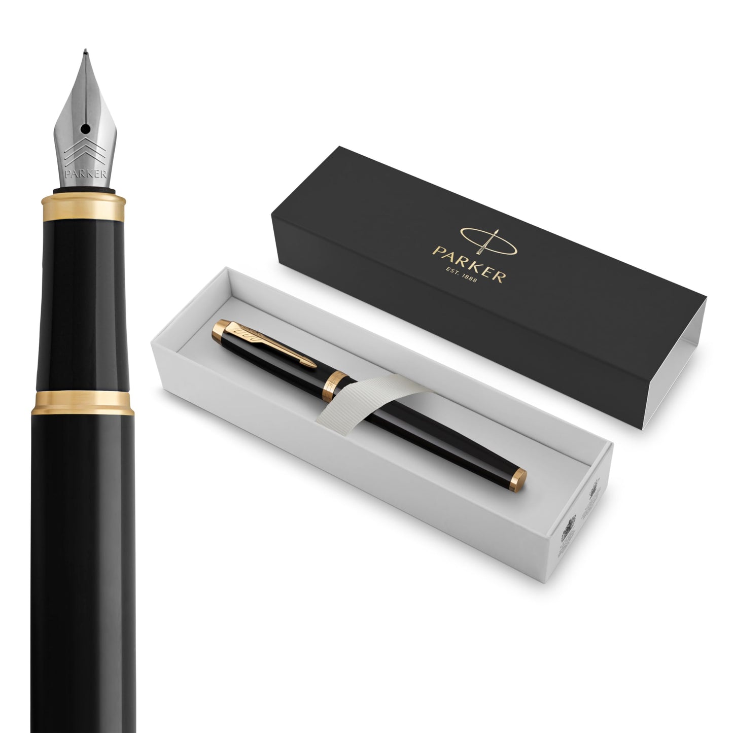 Parker IM Fountain Pen, Black Lacquer with Gold Trim, Fine Nib, Blue Ink Refill, Elegant Gift Box