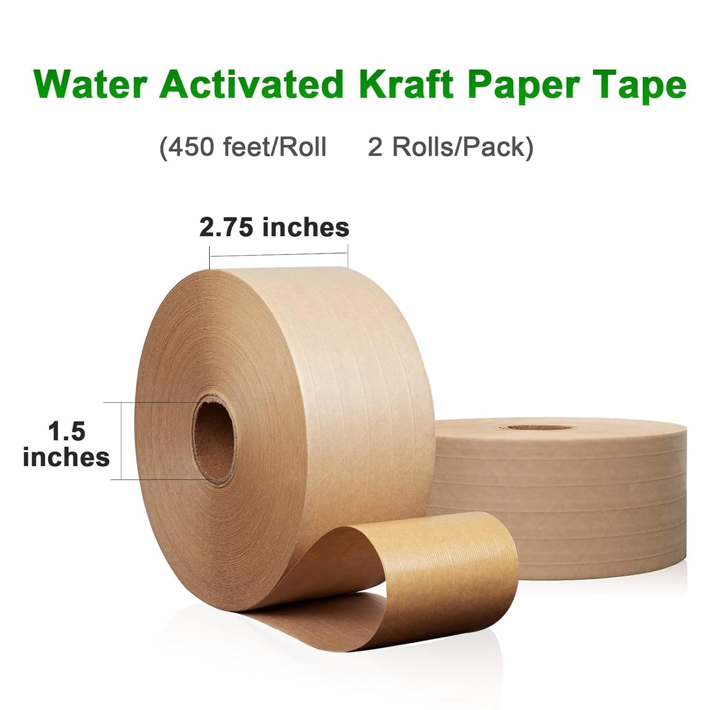 LOCKEDPAPER Water Activated Kraft Paper Tape – 5 Reinforced Fibers, 127gsm, 2.75" x 450ft, 2 Rolls – Heavy Duty for Shipping, Moving & Industrial Packaging